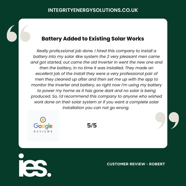 Battery added to Exiting Solar, Integrity Energy Solutions, Customer Review, Google, Renewables