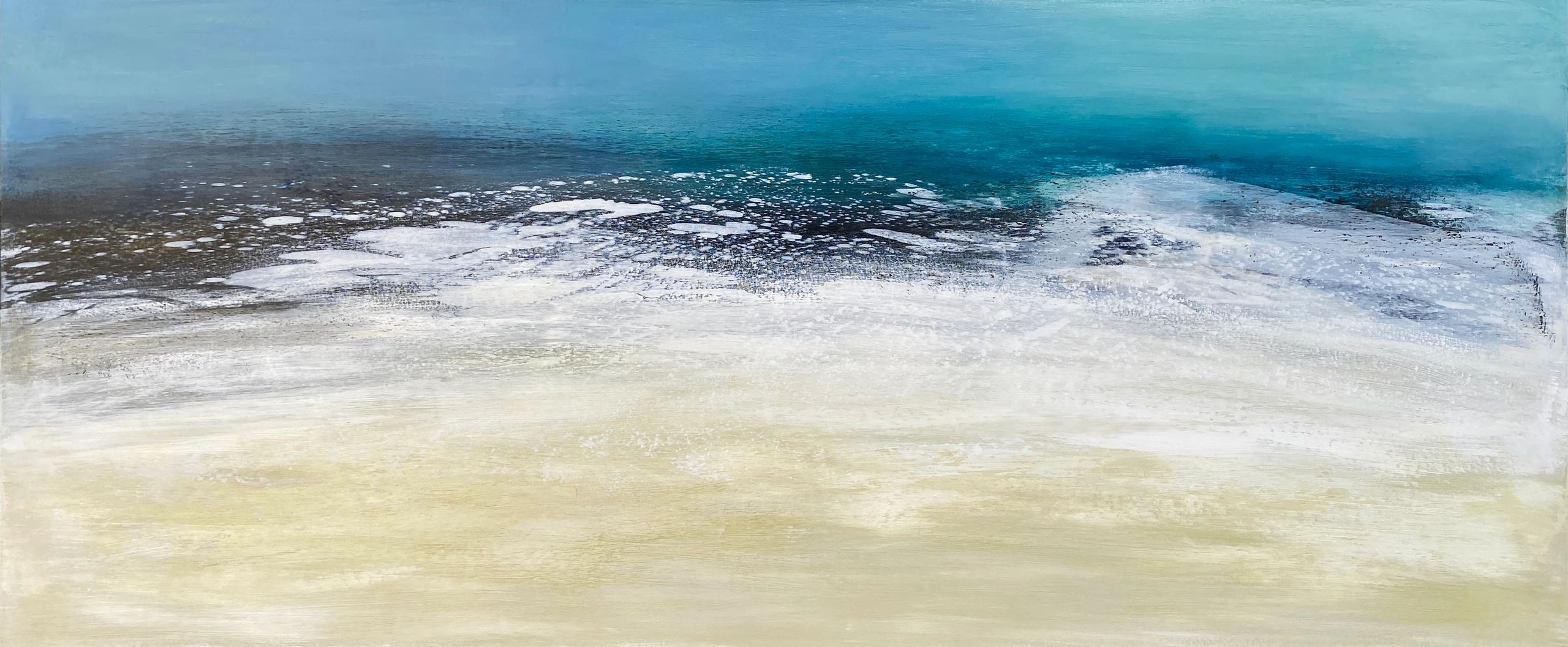 A long horizontal painting of the sand and sea, the energy of the waves