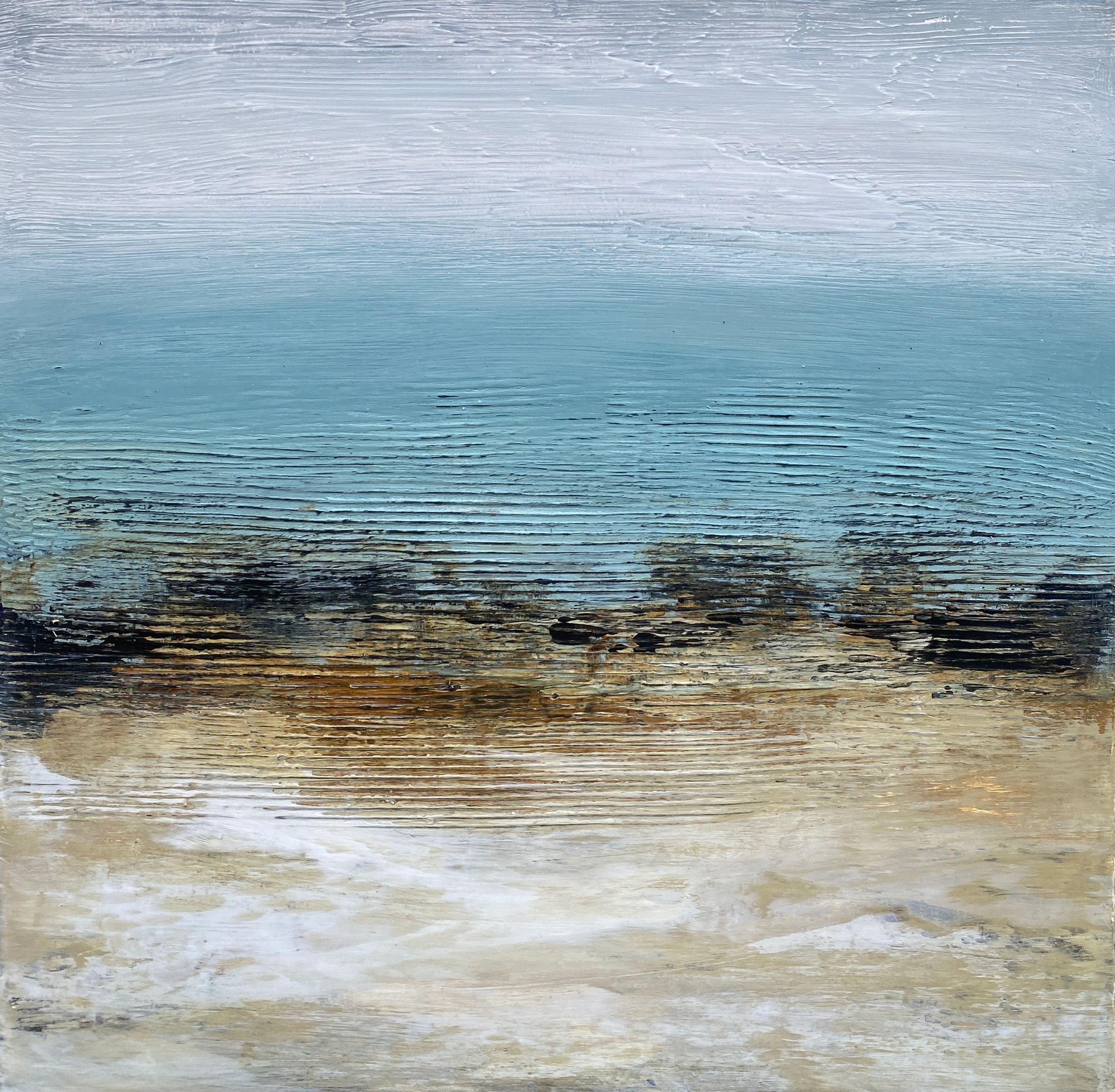 an atmospheric painting of the sea, with texture and rocky foreground