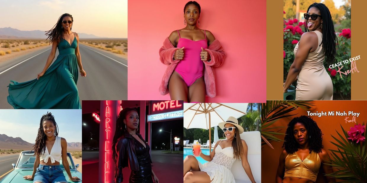 A confident woman poses in various stylish outfits and vibrant settings, showcasing her beauty and personality.