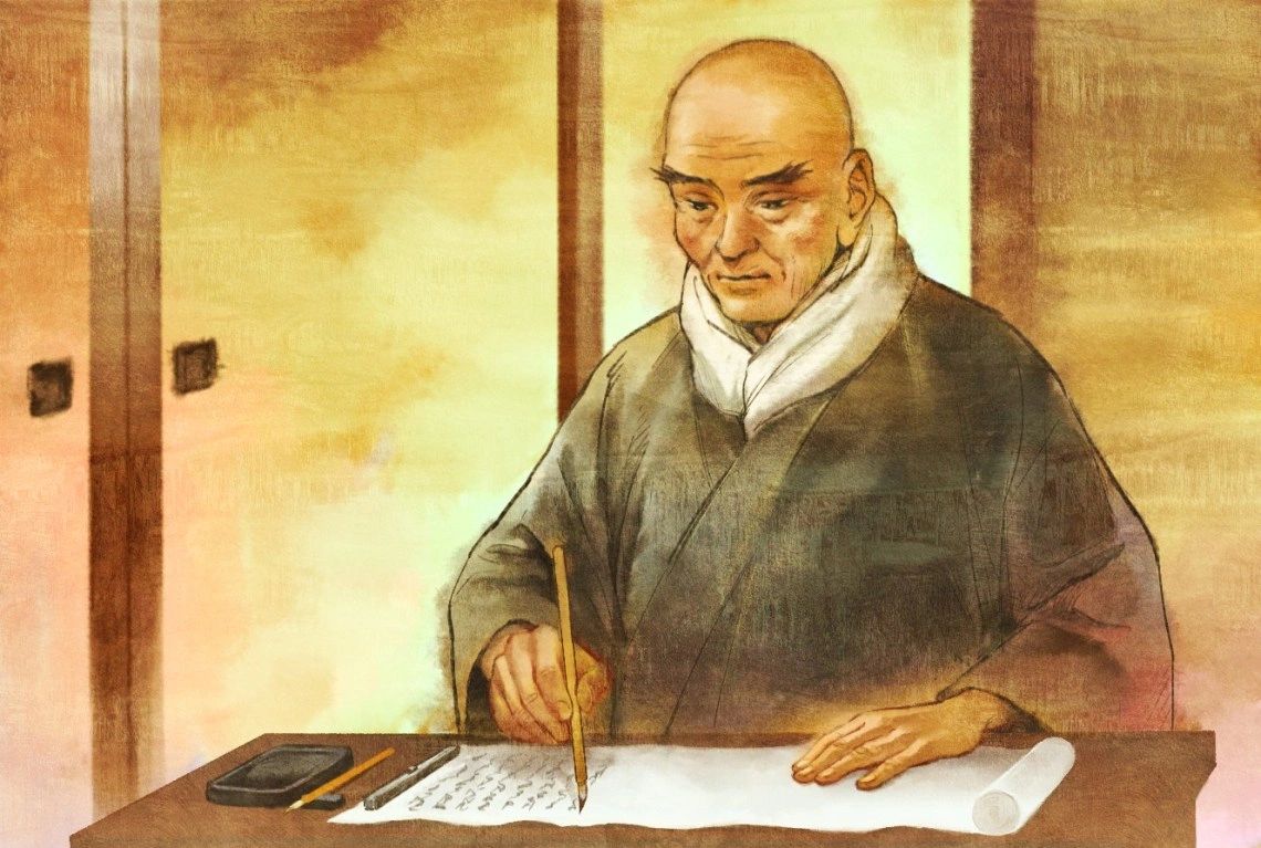 Hombre calvo escribiendo con pincel en papel.