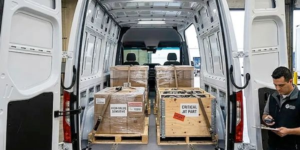 Open delivery van packed with crates and boxes.