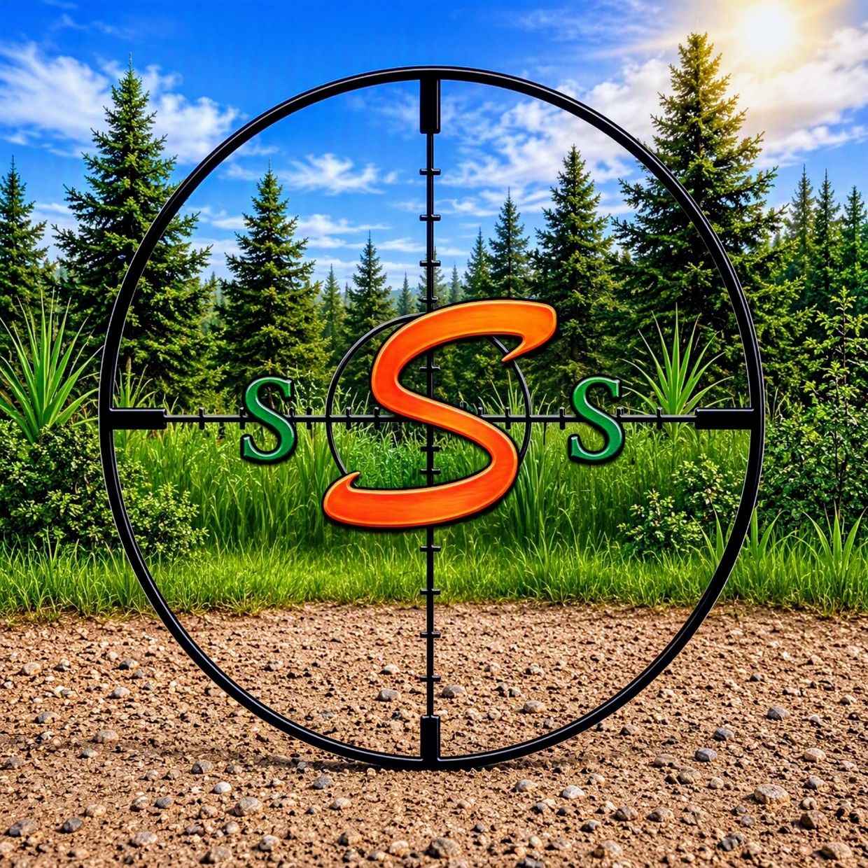 Target scope focusing on large orange S and two green Ss in a forest.