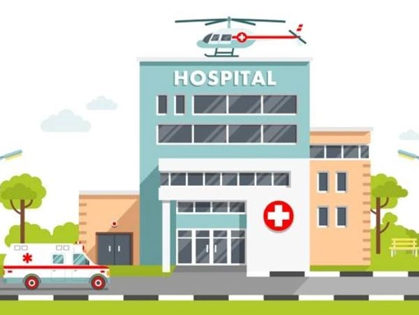 Cartoon illustration of a modern hospital building.