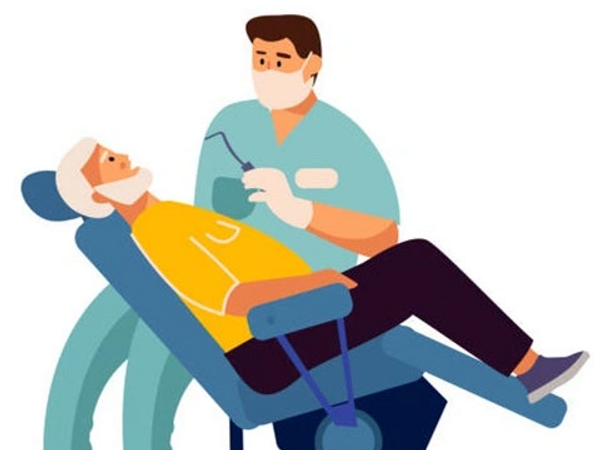 Cartoon dentist examining an older patient.