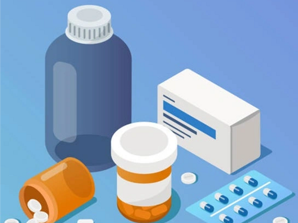 Assorted cartoon medication containers and pills.