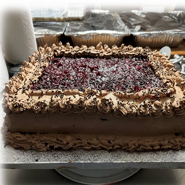 Rectangular chocolate cake with cherry topping.