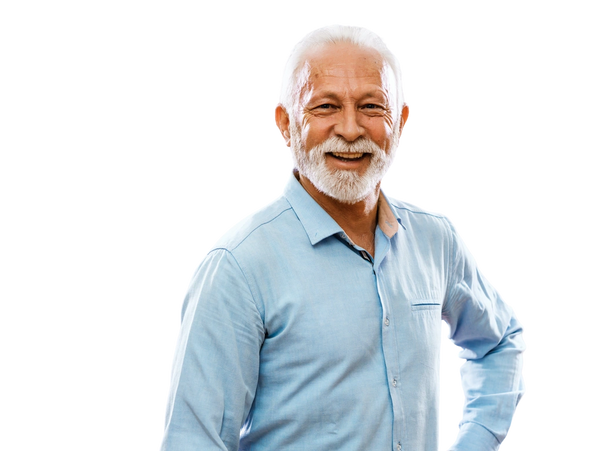 Smiling senior man with white hair and beard.