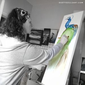 Artist at work, peacock, painting, mapping out, work in progress.