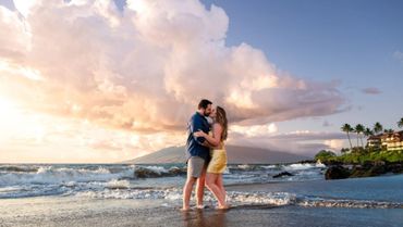 Maui couple kissing at sunset on the beach