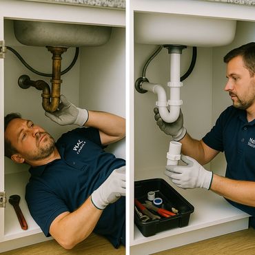 Plumber replacing old metal pipes with new plastic ones under a sink.