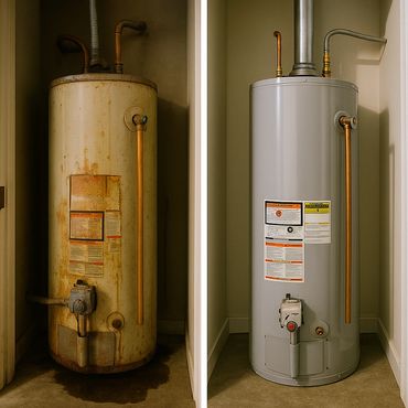 Old rusty water heater beside a new, clean one in a small closet.