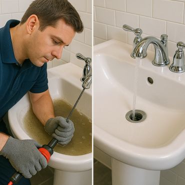 Man unclogs a dirty sink with a plumbing tool, then water flows freely.