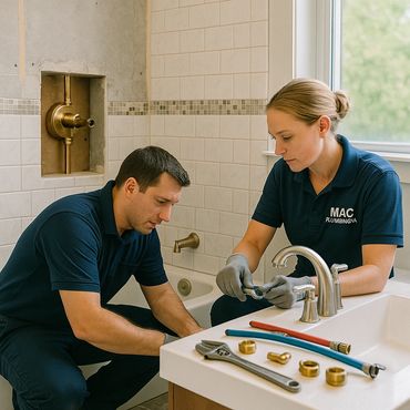 Two plumbers fixing a bathtub plumbing system with tools and fittings.