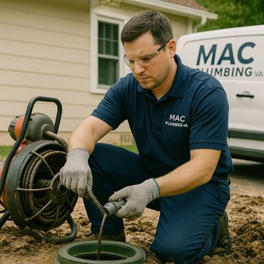 A plumber working outdoors with safety gear and tools.