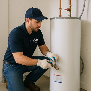 Plumber fixing a water heater with a wrench.