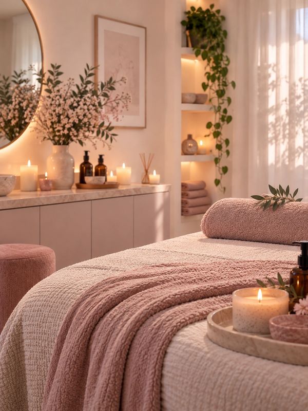 Serene spa room with soft pink tones and candles.