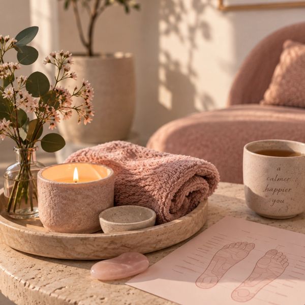 Cozy spa setup with candle and tea.