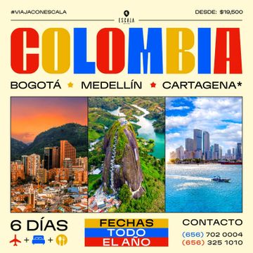 Colorful Colombia travel ad showcasing Bogotá, Medellín, and Cartagena with tour details.