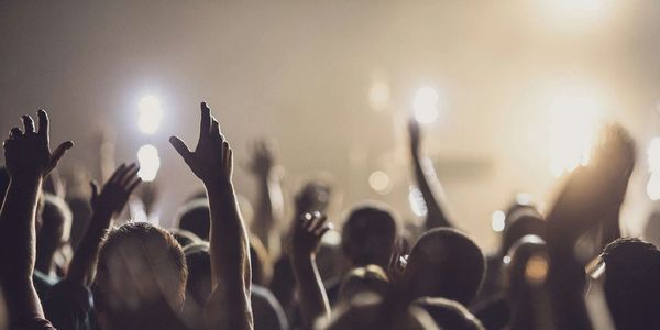 Crowd enjoying a concert with raised hands.