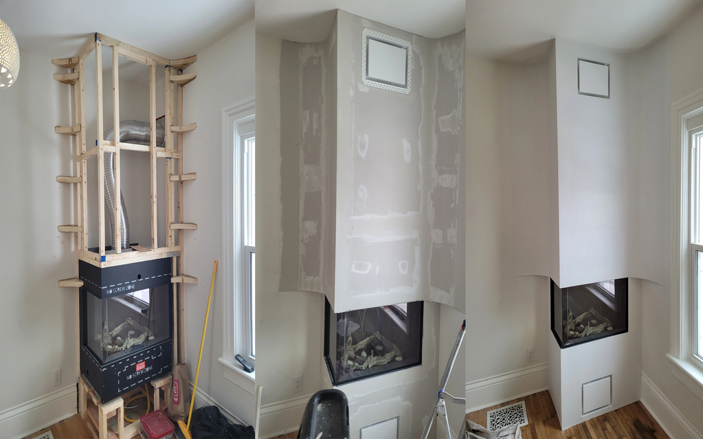 Three-stage installation of a corner fireplace with framing, drywall, and finished look.