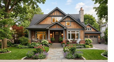 Charming craftsman-style house with lush garden and cozy porch seating.