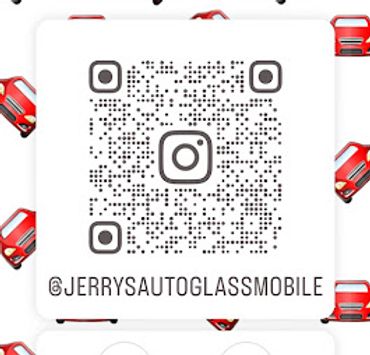 Instagram QR code for @jerrysautoglassmobile on a phone screen with car emojis background.