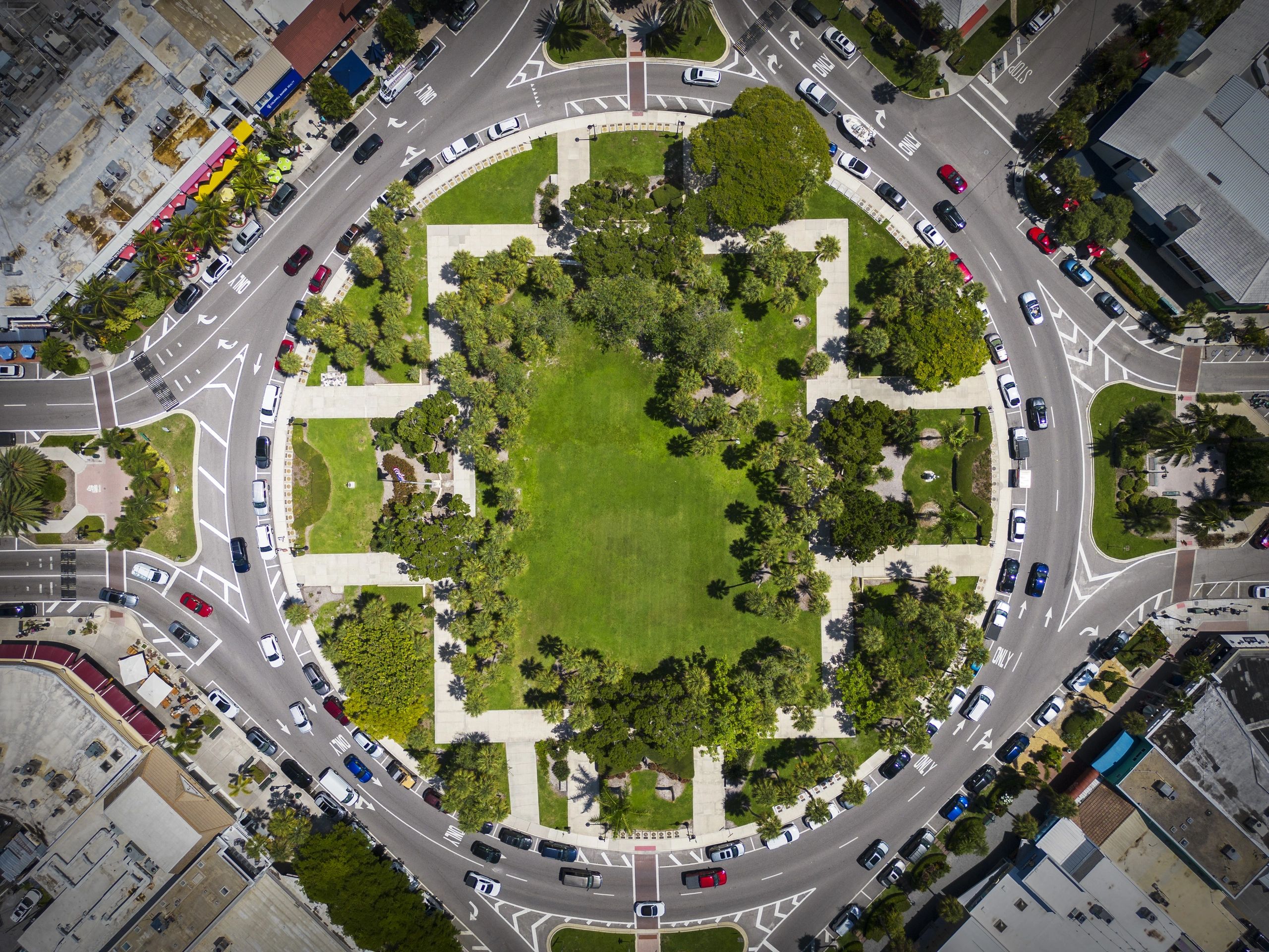 aerial of St. Armands Circle Park on St. Armands Key in Sarasota, FL