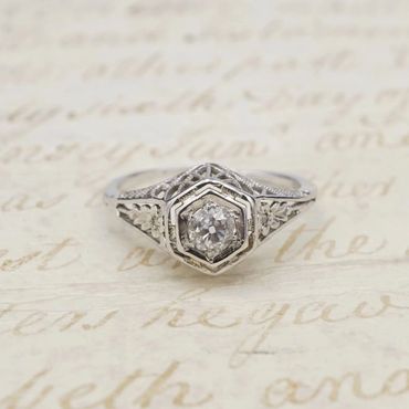 Antique mine-cut diamond engagement ring w/ filigree 18k white gold, Eco Estate Jewelry, Lakeway TX