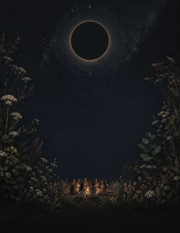 People sitting in a circle under a dark celestial sky.