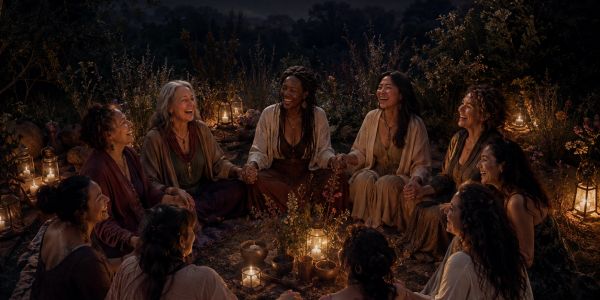 Women holding hands in a nighttime circle surrounded by lanterns.