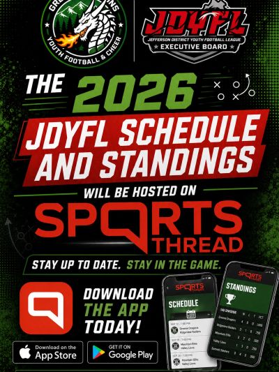 Announcement for the 2026 JDYFL schedule and standings on Sports Thread app.