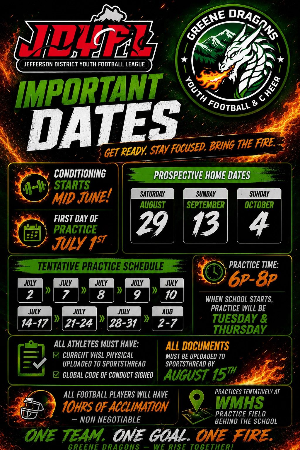 Important dates and schedules for Greene Dragons youth football and cheer.