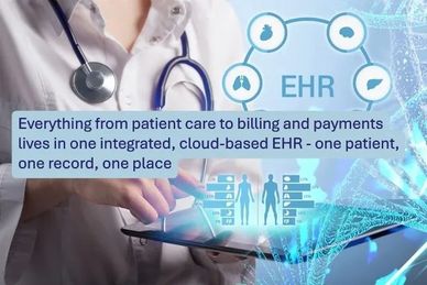 Doctor using cloud-based EHR on tablet.