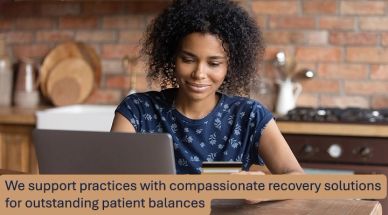 Woman working on laptop with patient balance recovery message.