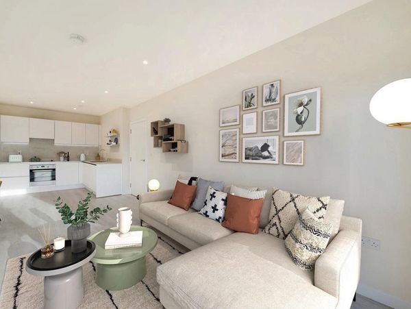 Creative composition of kitchen and living room interior