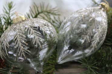 Sullivans clear glass Christmas Ornaments with gold pine motif for your Christmas tree.