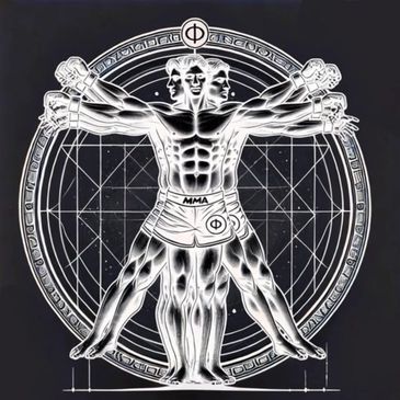 Stylized MMA fighter with multiple arms and heads in a geometric circle design.