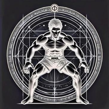 Illustration of a muscular MMA fighter with geometric patterns in the background.