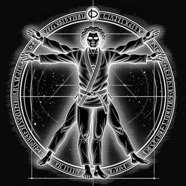 Illustration of a martial artist in a Vitruvian Man style with glowing outlines and mystical symbols.