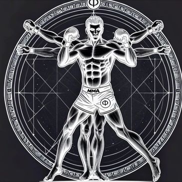 Illustration of a muscular MMA fighter with multiple arms in a Vitruvian Man style.