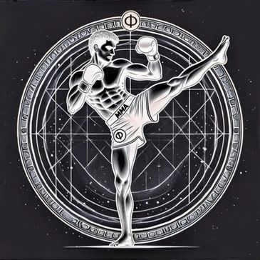 Monochrome MMA fighter executing a high kick within geometric circles and symbols.