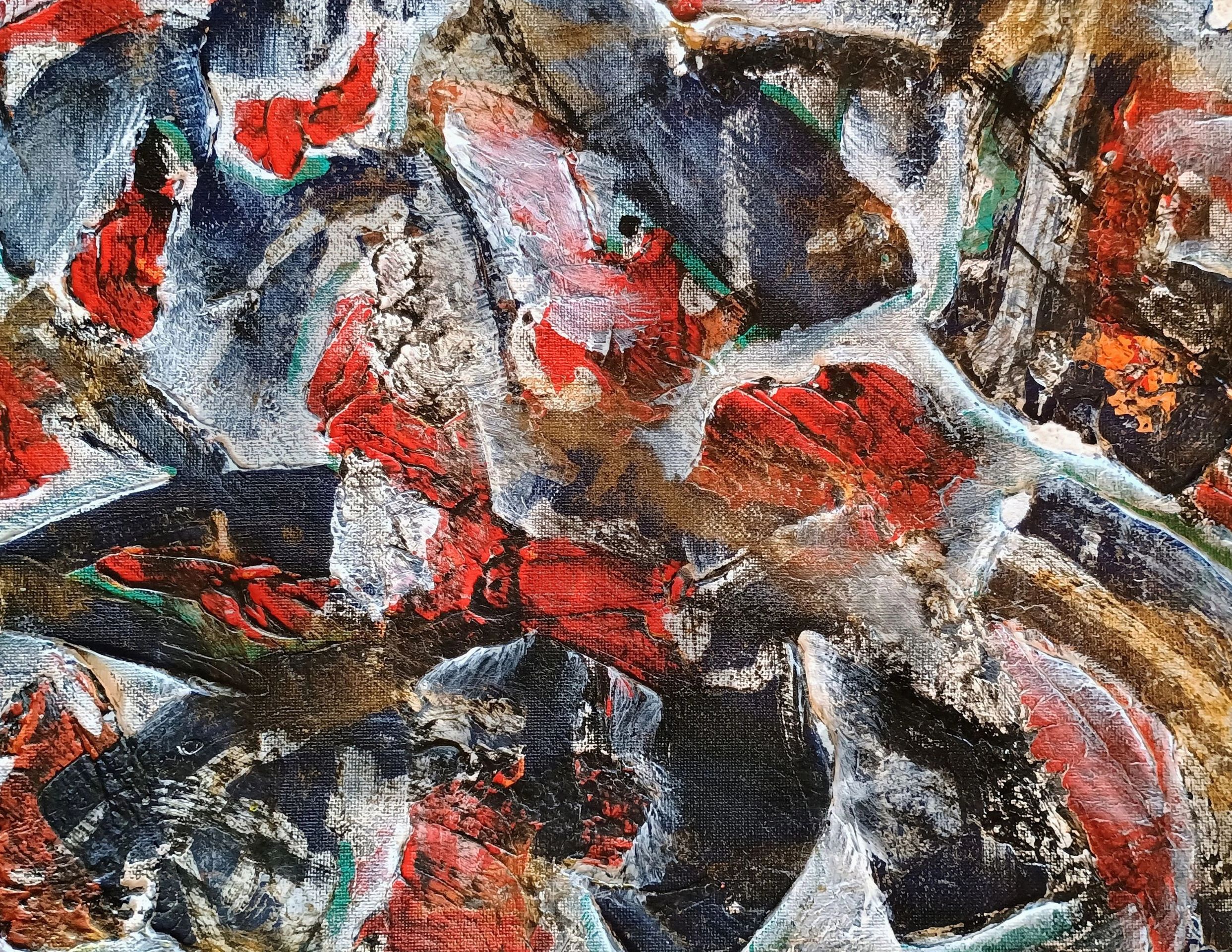 Abstract painting with bold red, black, white, and hints of green brushstrokes.