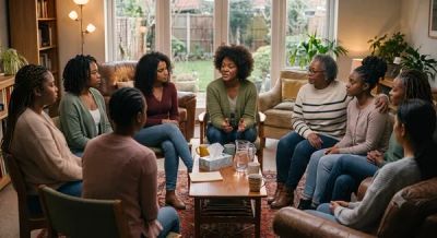 A group of black women sitting in a circle at a support group in a living room.