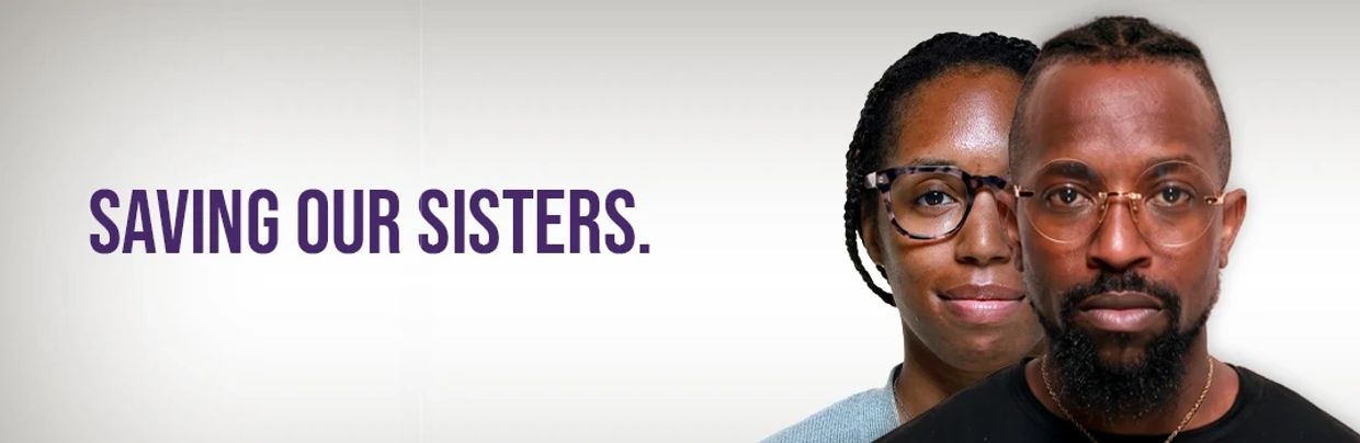 A black man in front of a black woman. They are both looking directly at the camera. The text says,