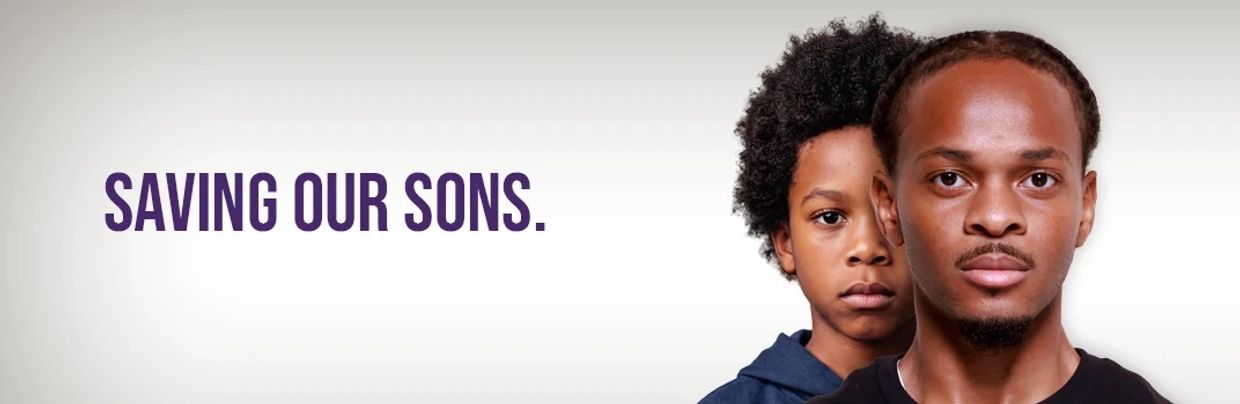 A black man in front of a black child. The text says, "Saving our sons."