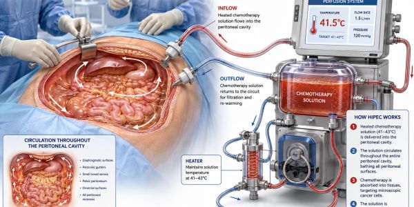 Diagram illustrating heated chemotherapy flowing through the peritoneal cavity during HIPEC treatment.