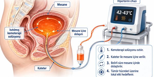 Diagram showing heated chemotherapy solution circulation in the bladder via catheter.
