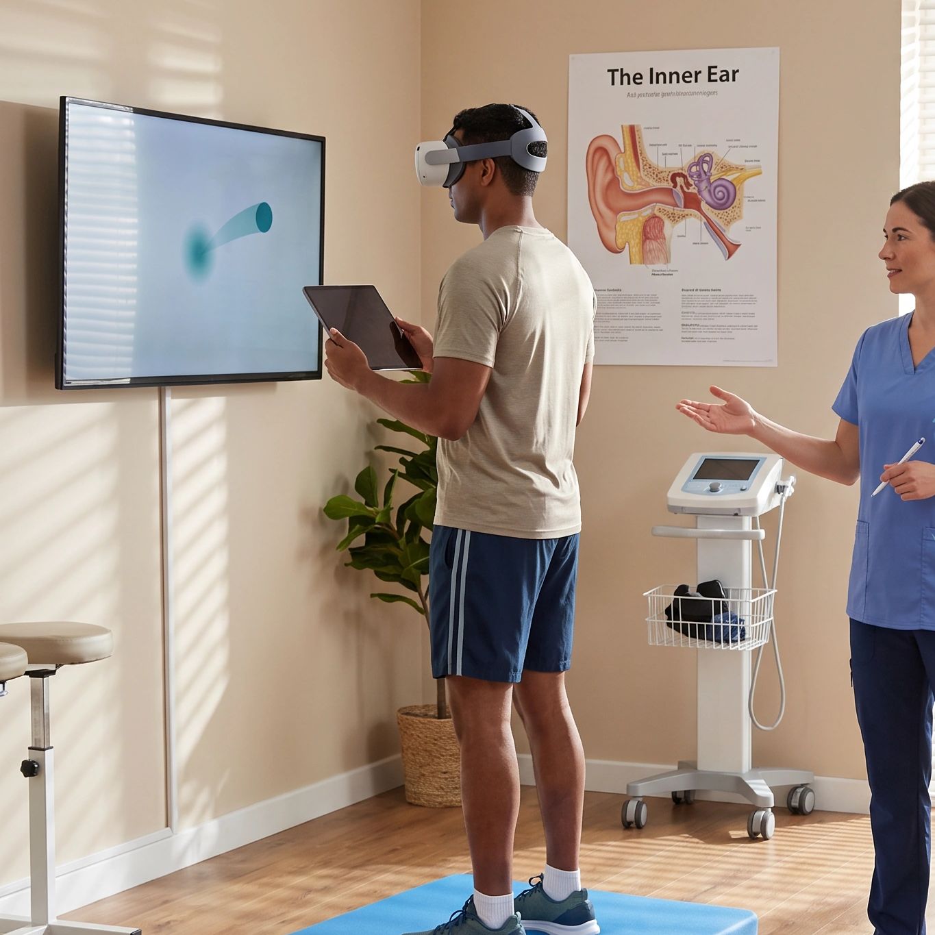 vr gözlük kullanarak fizyoterapist eşliğinde denge - koordinasyon çalışan vestibüler rehabilitayson