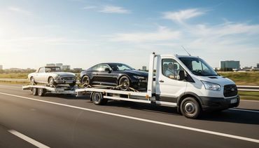 A white tow truck hauling two cars on a highway under a clear blue sky.